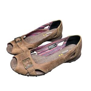 Skechers leather Brown Peep-Toe biker Flats 6.5